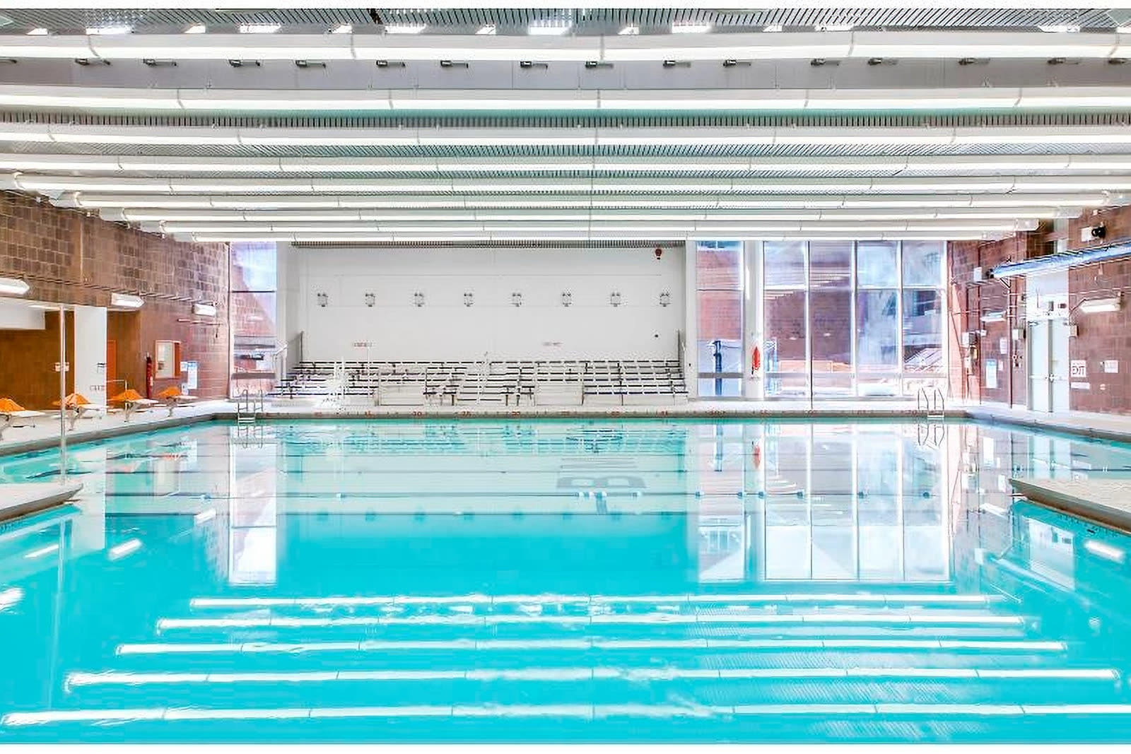 Wide view of the BMCC pool and the family bleachers above the deck